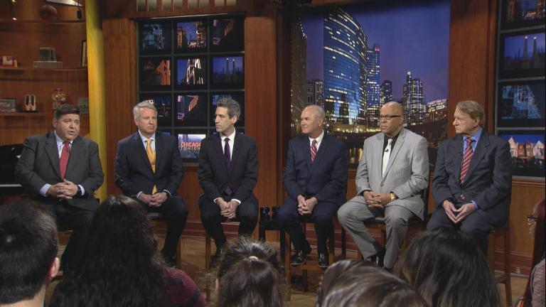 Democratic candidates for governor (seated in the order they appear on the ballot, from left): J.B. Pritzker, Chris Kennedy, Daniel Biss, Bob Daiber, Tio Hardiman and Robert Marshall.