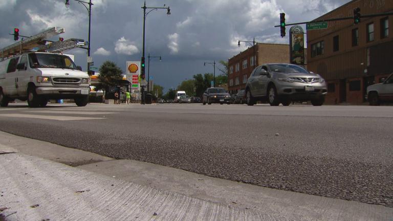 The intersection of Belmont and Milwaukee avenues in Chicago, where a cyclist and city truck collided on Tuesday, June 23, 2020. (WTTW News)