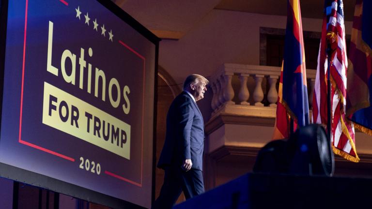 In this Sept. 14, 2020 file photo, President Donald Trump arrives for a Latinos for Trump Coalition roundtable at Arizona Grand Resort & Spa in Phoenix. (AP Photo / Andrew Harnik, File)