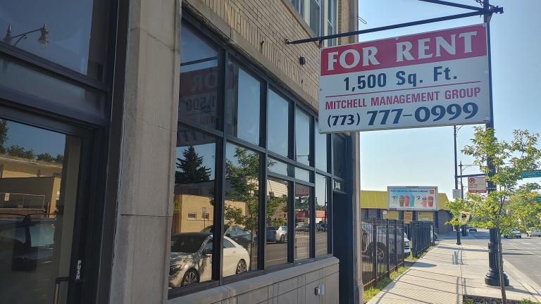 An empty storefront in Avondale marks the spot where Miss Geri’s School of Dance operated for decades. (Erica Gunderson / WTTW News)