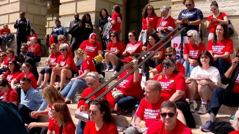 Advocates from the organization Moms Demand Action gather outside the Illinois State Capitol on Tuesday, April 16, 2024. They are urging lawmakers to pass legislation they believe will reduce gun violence. (Andrew Campbell / Capitol News Illinois)