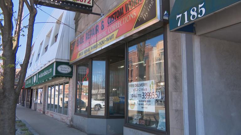 Empty sidewalks and storefronts have become a common sight in Chicago during the COVID-19 pandemic, including this scene in the city’s Montclare neighborhood on the Northwest Side on April 21. (WTTW News)