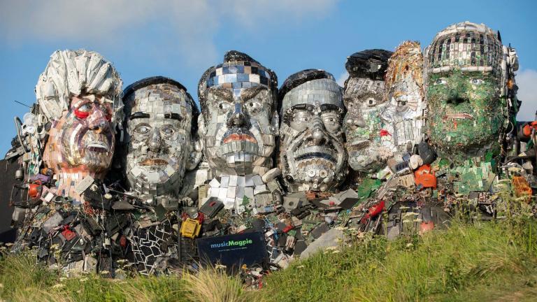 Mount Recyclemore G-7 leaders: Boris Johnson of the United Kingdom, Yoshihide Suga of Japan, Emmanuel Macron of France, Mario Draghi of Italy, Justin Trudeau of Canada, Angela Merkel of Germany and Joe Biden of the U.S. (Courtesy of musicMagpie)