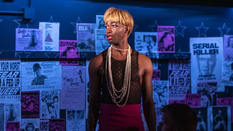 Tarell Alvin McCraney in Steppenwolf’s world premiere production of “Ms. Blakk for President,” co-written by ensemble members Tina Landau and McCraney. (Photo by Michael Brosilow)