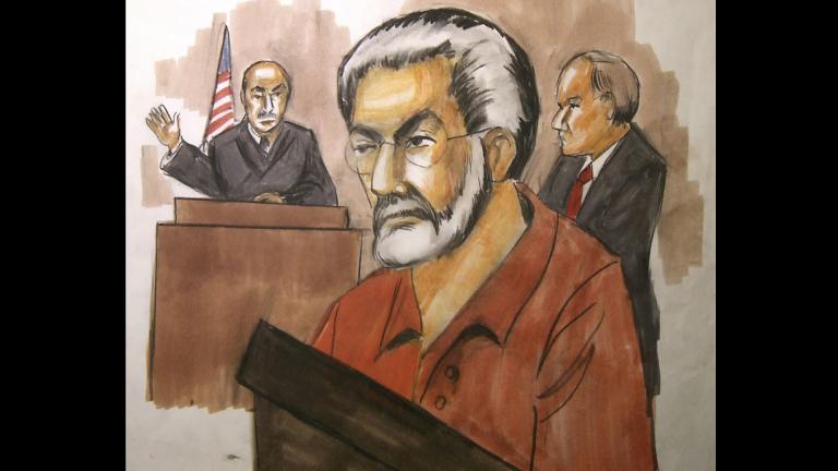 In this Jan. 6, 2010, file courtroom artist’s drawing Chicago businessman Tahawwur Rana, center, appears before Judge Matthew Kennelly in Chicago’s federal court. (AP Photo / Verna Sadock, File)