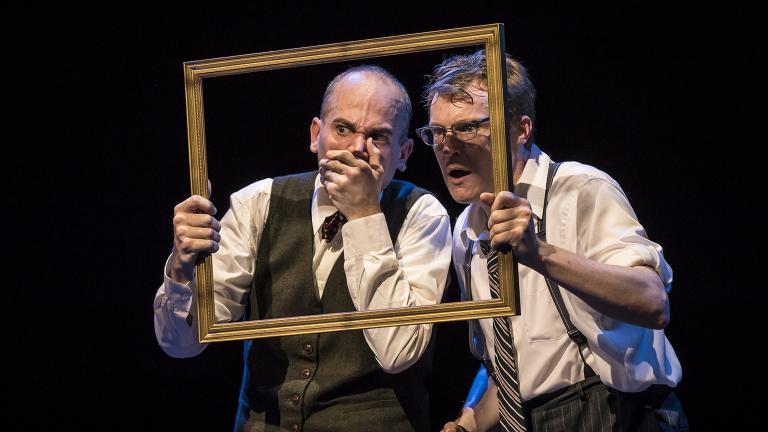 Jason Grimm, left, and Noel Carey star in “Murder for Two” at the Marriott Theatre. (Photo credit: Liz Lauren)