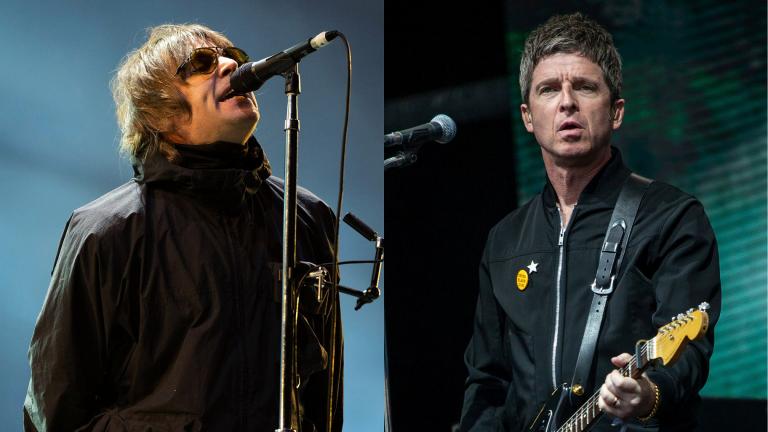 Liam Gallagher performs at the Reading Music Festival, England on Aug. 29, 2021, left, and Noel Gallagher performs at the Glastonbury Festival in Worthy Farm, Somerset, England, on June 25, 2022. (AP Photo)