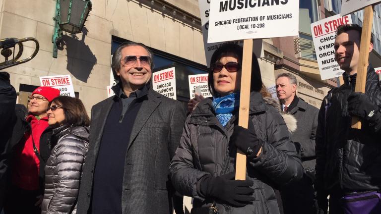 Conductor Riccardo Muti joins striking Chicago Symphony Orchestra musicians Tuesday, March 12, 2019 outside Symphony Center. (Eddie Arruza / WTTW News)