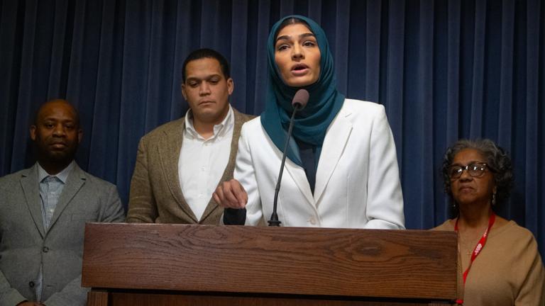 State Rep. Nabeela Syed speaks to members of the media at the Illinois Capitol about the proposed Illinois prescription drug affordability board on Jan. 29, 2025. (Ismael M. Belkoura / Medill Illinois News Bureau)