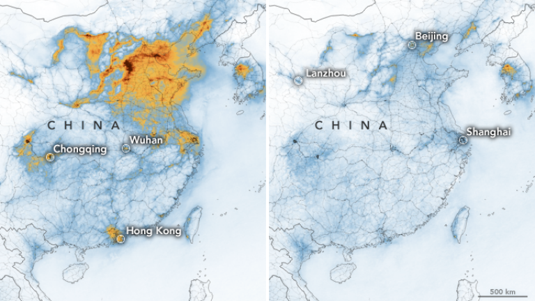 Pollution density over China in January 2020 (left) and dramatically less in February. (NASA Earth Observatory)