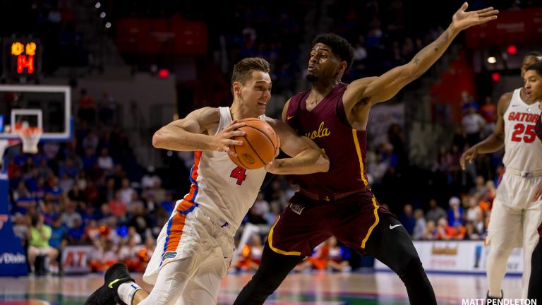 The Loyola Ramblers take on the Florida Gators on Wednesday, Dec. 6, 2017 in Gainesville, Florida. (Photo by Matt Pendleton for Matt Pendleton Photography)