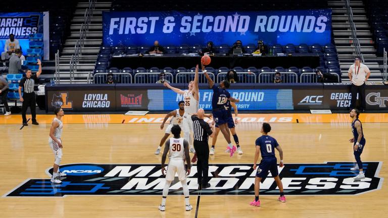 Georgia Tech tips off with Loyola Chicago at the start of a college basketball game in the first round of the NCAA tournament at Hinkle Fieldhouse, Indianapolis, Friday, March 19, 2021. (AP Photo / AJ Mast)