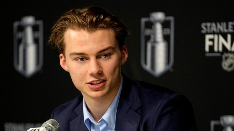 NHL draft prospect Connor Bedard speaks to the media prior to Game 2 of the NHL hockey Stanley Cup Finals between the Florida Panthers and the Vegas Golden Knights, Monday, June 5, 2023, in Las Vegas. (AP Photo / Abbie Parr, File)