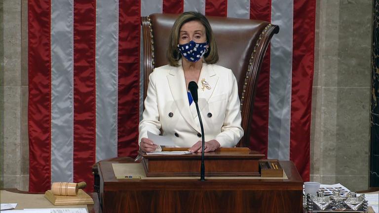 Speaker of the House Nancy Pelosi at the Capitol in Washington, Wednesday, March 10, 2021. (WTTW News via CNN)