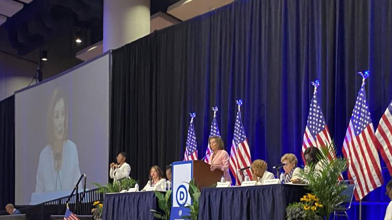  U.S. House Speaker Emerita Nancy Pelosi (D-California) speaks at a meeting of the Women’s Caucus on Aug. 22, 2024. (Nick Blumberg / WTTW News)