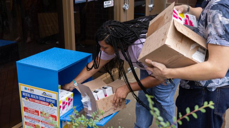 Ald. Angela Clay (46th Ward) unveils a Narcan newsstand in Uptown on July 30, 2025. (Courtesy of Chicago Department of Public Health)