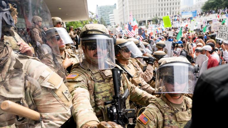 California National Guard and Marines hold back demonstrators at the Federal Building during a protest June 14, 2025, in Los Angeles. (AP Photo / Noah Berger, File)