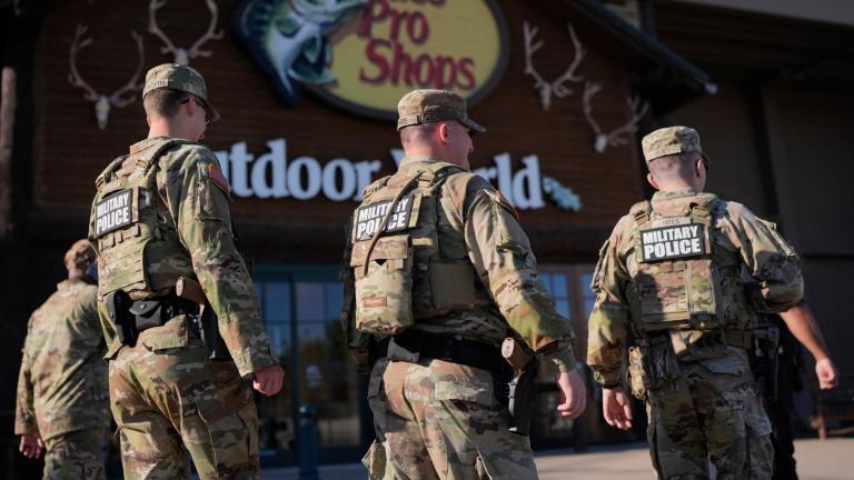 Members of National Guard patrol outside a Bass Pro Shops, Friday, Oct. 10, 2025, in Memphis, Tenn. (AP Photo / George Walker IV)