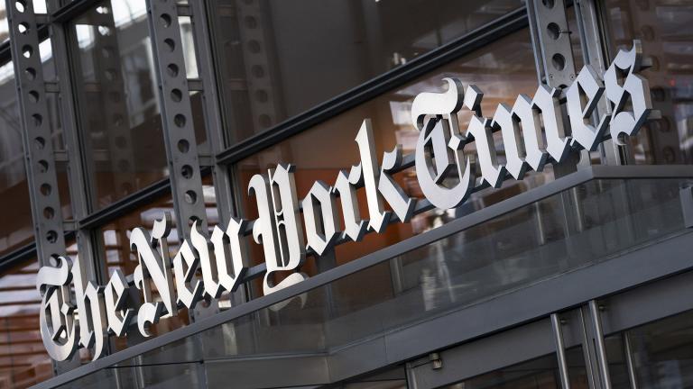 A sign for The New York Times hangs above the entrance to its building, Thursday, May 6, 2021 in New York. (AP Photo / Mark Lennihan, File)