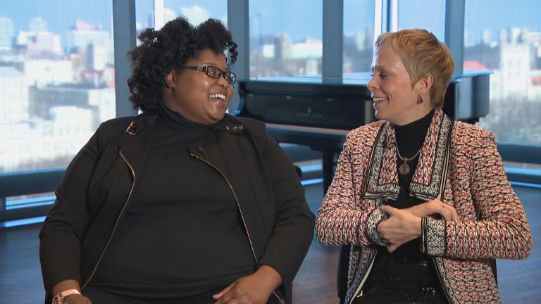 Nicole Paris, left, and Augusta Read Thomas speak with WTTW News about the making of “Sweet Potato Kicks the Sun.”