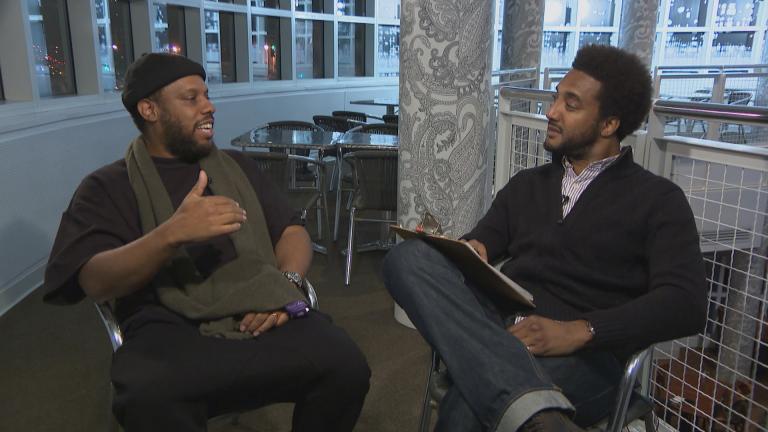 No I.D., left, is interviewed by “Chicago Tonight” special correspondent Jeff Baraka. 