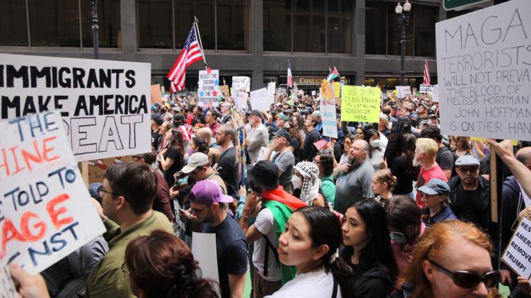 Thousands of people took to the streets for Chicago’s “No Kings” protest on Saturday, June 14, 2025. (Michael Izquierdo / WTTW News)