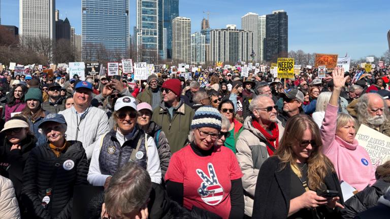 Thousands gather in Chicago’s Grant Park for a rally and march as part of the national “No Kings” protest on March 28, 2026. (Joel Ortiz / WTTW News)