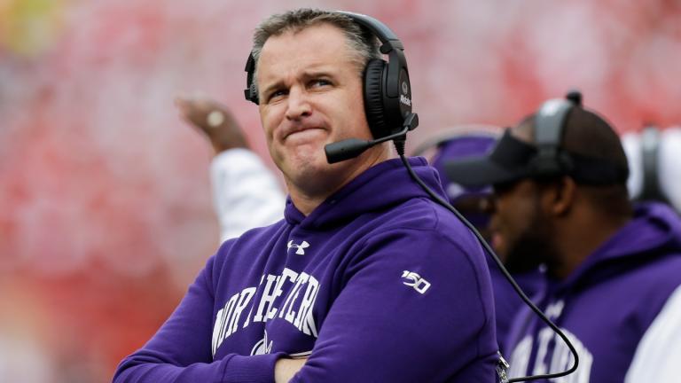 Northwestern head coach Pat Fitzgerald looks up on the sideline during the first half of an NCAA college football game against Wisconsin Saturday, Sept. 28, 2019, in Madison, Wis. (AP Photo / Andy Manis, File)