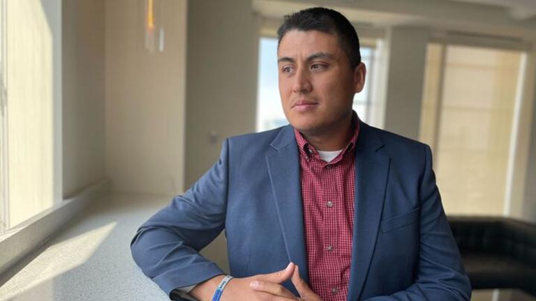 Former Northwestern University football player Ramon Diaz at his lawyers' office in Chicago on Wednesday, Aug. 2, 2023. Diaz's lawsuit alleges widespread hazing among athletes at the school in Evanston, Illinois. (AP Photo/Claire Savage)