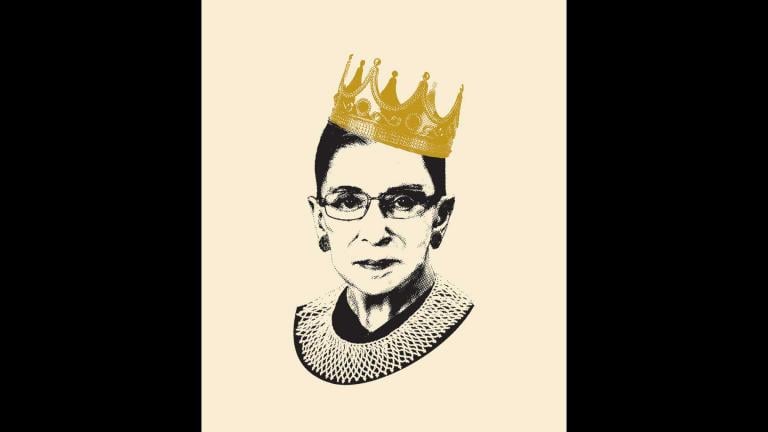“Notorious RBG” book cover illustration by Adam Johnson. Courtesy of HarperCollins. Photographs: Crown © by Hurst Photo/Shutterstock; Ruth Bader Ginsburg, Collection of the Supreme Court of the United States.