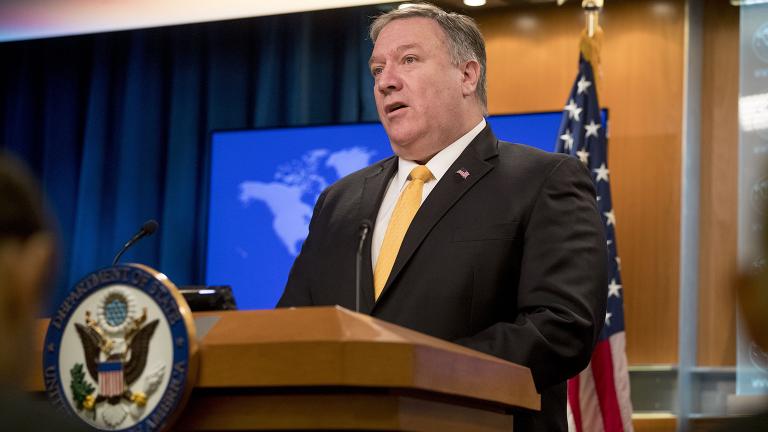 Secretary of State Mike Pompeo speaks at a news conference at the State Department in Washington, Friday, Feb. 1, 2019. Pompeo announced that the U.S. is pulling out of a treaty with Russia that's been a centerpiece of arms control since the Cold War. (AP Photo / Andrew Harnik)