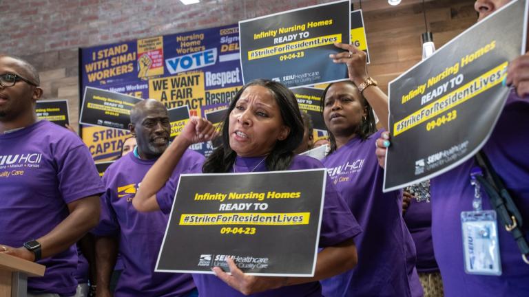 Workers at a group of nursing homes in the Chicagoland area owned by Infinity Healthcare delivered a 10-day strike notice on Aug. 24, 2023. (Courtesy of SEIU Healthcare Illinois)