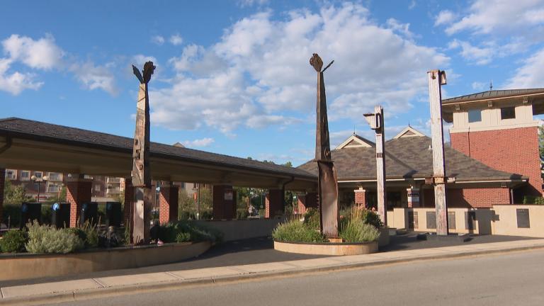 The First Responders Memorial is right on the Oak Lawn Patriot Station Metra stop. The memorial’s spires are partially made with beams from the World Trade Center. (WTTW News)