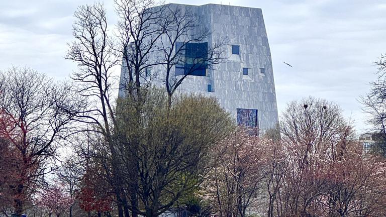 The Obama Presidential Center, rising over Jackson Park, April 3, 2026. (Patty Wetli / WTTW News)