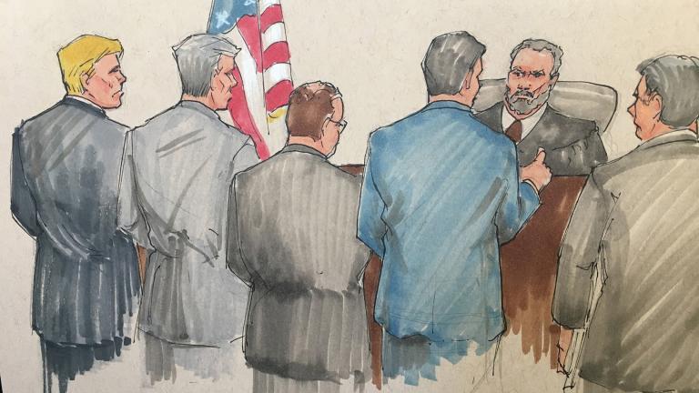 Plaintiffs appear before U.S. District Judge John Robert Blakey on Tuesday, June 11, 2019 to discuss a suit aiming to halt construction of the Obama Presidential Center in Jackson Park. (Courtroom sketch by Tom Gianni)