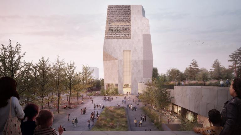 A rendering shows the north-facing view of the public plaza and Museum building, as viewed from the roof of the Chicago Public Library building. (Credit: The Obama Foundation)