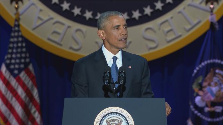 Former President Barack Obama delivers his farewell address to the nation from Chicago’s McCormick Place on Jan. 10, 2017.