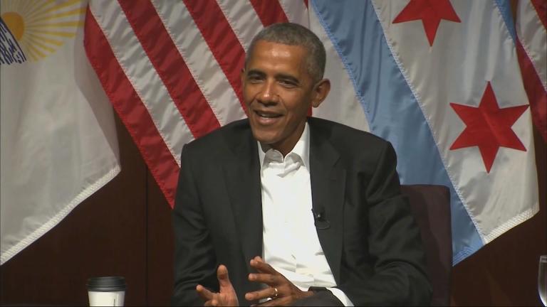 Former President Barack Obama speaks on Monday, April 24 at the University of Chicago.