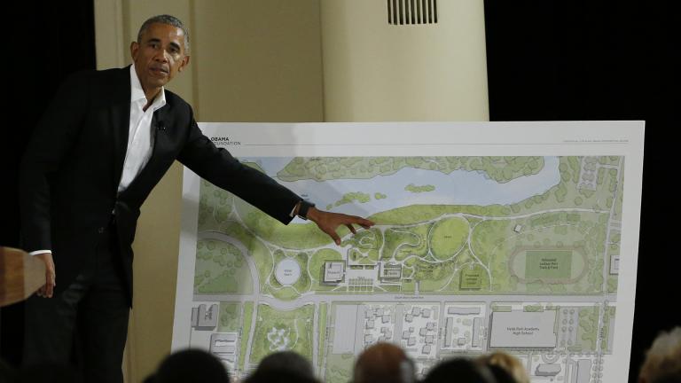 In this May 3, 2017, file photo, former President Barack Obama points to a rendering for the former president’s lakefront presidential center at a community event at the South Shore Cultural Center in Chicago. (AP Photo / Nam Y. Huh, File) In this May 3, 2017, file photo, former President Barack Obama points to a rendering for the former president’s lakefront presidential center at a community event at the South Shore Cultural Center in Chicago. (AP Photo / Nam Y. Huh, File)