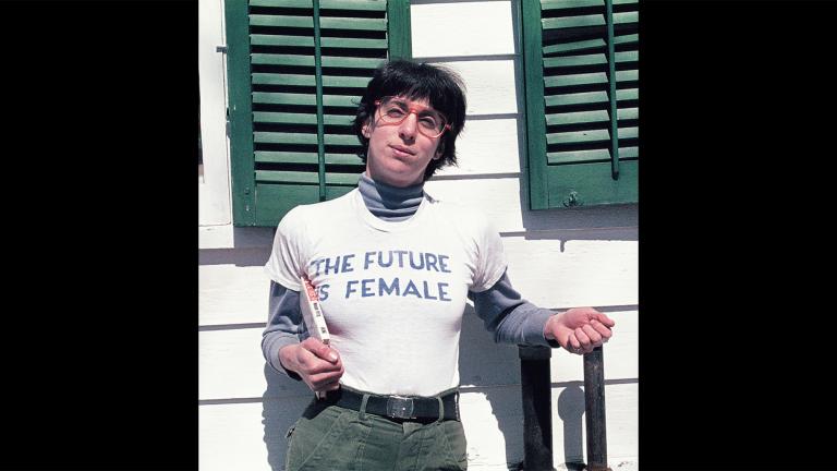 Alix Dobkin poses in a t-shirt that reads "The Future is Female" in Preston Hollow, N.Y. in 1975. Dobkin, the lesbian singer and feminist activist, died in her home from a brain aneurysm and stroke. She was 80. (Liza Cowen via AP)