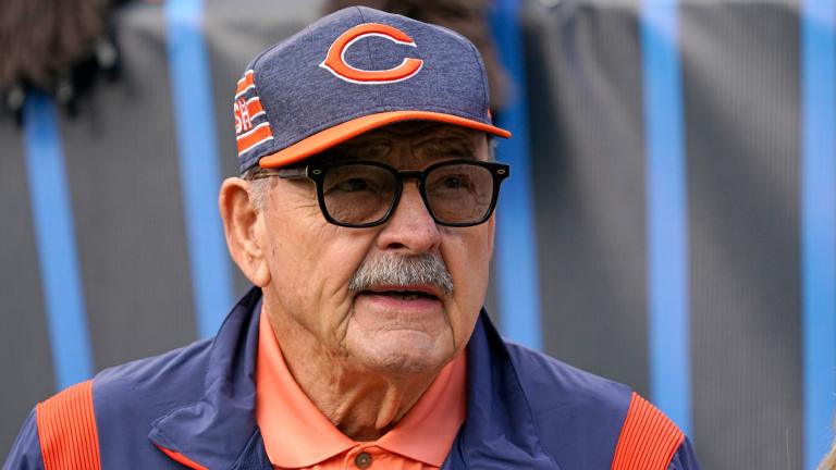 FILE - Chicago Bears great Dick Butkus watches from the sideline during the first half of the team's NFL football game against the Houston Texans on Sept. 25, 2022, in Chicago. (AP Photo / Nam Y. Huh, File)