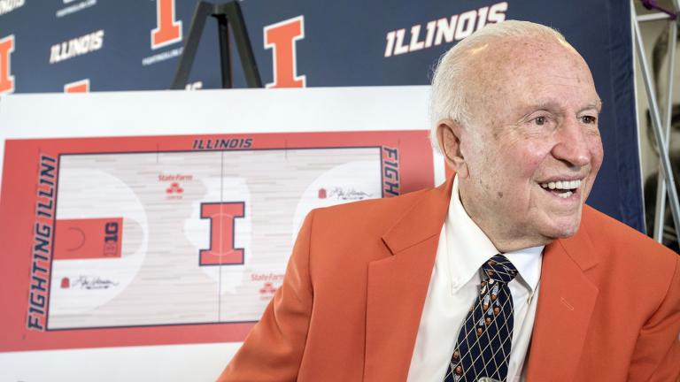 In this Aug. 24, 2015, file photo, former Illinois men’s basketball coach Lou Henson is interviewed during a ceremony announcing the naming of the basketball court at State Farm Center to “Lou Henson Court” at Memorial Stadium’s 77 Club in Champaign, Ill. (Rick Danz / The News-Gazette via AP, File)