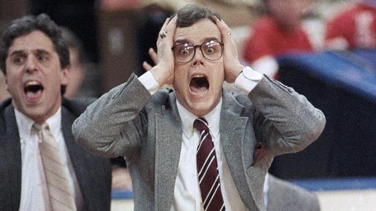 FILE - DePaul coach Joey Meyer reacts to his team's play against LSU in an NCAA men's college basketball tournament Midwest Regional semifinal in Cincinnati, March 20, 1987. (Al Behrman / AP Photo, File)