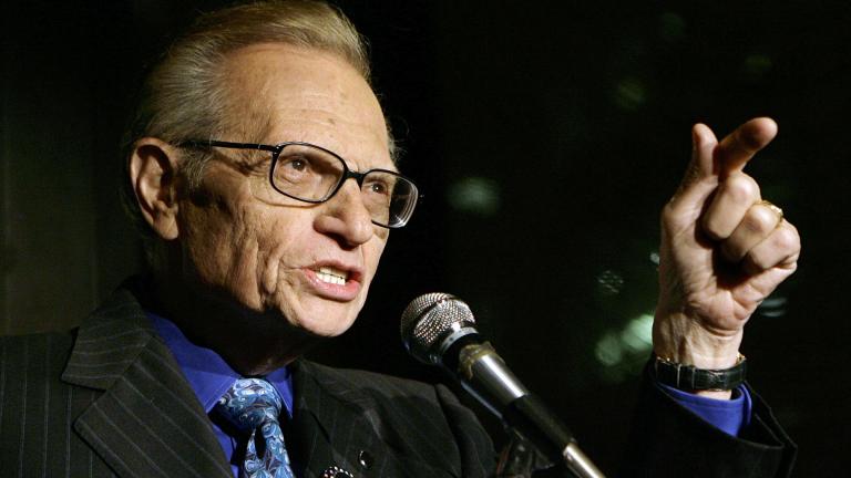 In this April 18, 2007 file photo, Larry King speaks to guests at a party held by CNN, celebrating King's fifty years of broadcasting in New York. ( AP Photo / Stuart Ramson, File)