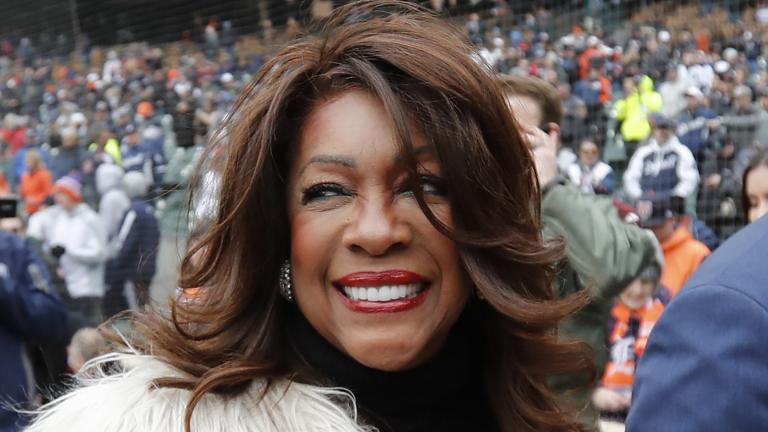 In this April 4, 2019, file photo, Mary Wilson, a former member of The Supremes, is escorted after singing the national anthem before a baseball game between the Detroit Tigers and the Kansas City Royals in Detroit. (AP Photo / Carlos Osorio, File)
