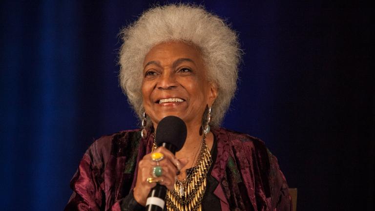 Actor Nichelle Nichols speaks during the Creation Entertainment's Official Star Trek Convention at The Westin O'Hare in Rosemont, Ill., Sunday, June 8, 2014. (Photo by Barry Brecheisen / Invision / AP, File)