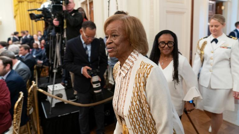 FILE - Former first lady Michelle Obama's mother Marian Robinson, center, arrives for a ceremony as President Joe Biden and first lady Jill Biden host former President Barack Obama and Michelle Obama for the unveiling of their official White House portraits in the East Room of the White House in Washington, Sept. 7, 2022. (Andrew Harnik / AP Photo, File)