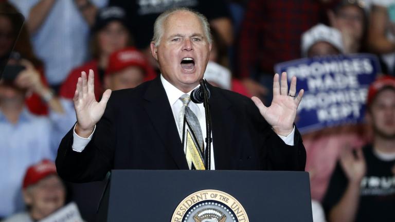 This Nov. 5, 2018 file photo shows radio personality Rush Limbaugh introducing President Donald Trump at the start of a campaign rally in Cape Girardeau, Mo. (AP Photo / Jeff Roberson, File) This Nov. 5, 2018 file photo shows radio personality Rush Limbaugh introducing President Donald Trump at the start of a campaign rally in Cape Girardeau, Mo. (AP Photo / Jeff Roberson, File)