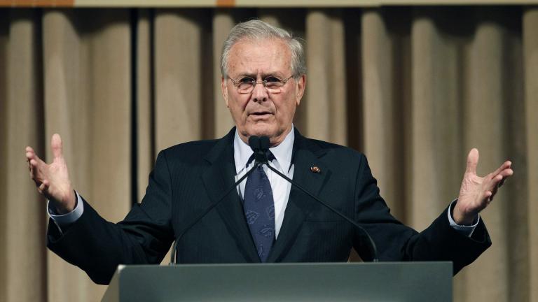 In this Oct. 11, 2011, file photo, former U.S. Secretary of Defense Donald Rumsfeld speaks to politicians and academics during a luncheon on security in rising Asia, in Taipei, Taiwan. The family of Rumsfeld says he has died. He was 88. (AP Photo / Wally Santana, File)