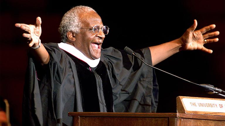 Archbishop Emeritus Desmond Tutu addresses new University of Oklahoma graduates, at a ceremony at the university after he received a honorary degree, Tuesday April 25, 2000 in Norman, Okla. (AP Photo / J. Pat Carter, File)